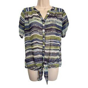 Westport 1962 Button Up Size Petite Medium Semi Sheer Tie Waist Blue Green Strip